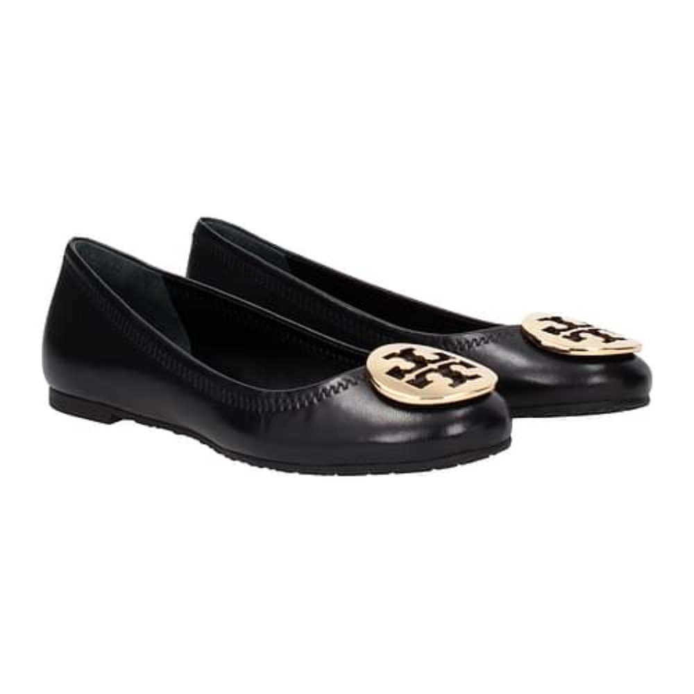 TORY BURCH REVA BALLERINA BALLET FLAT BLACK LEATHER/ GOLD T LOGO SIZE 7.5.